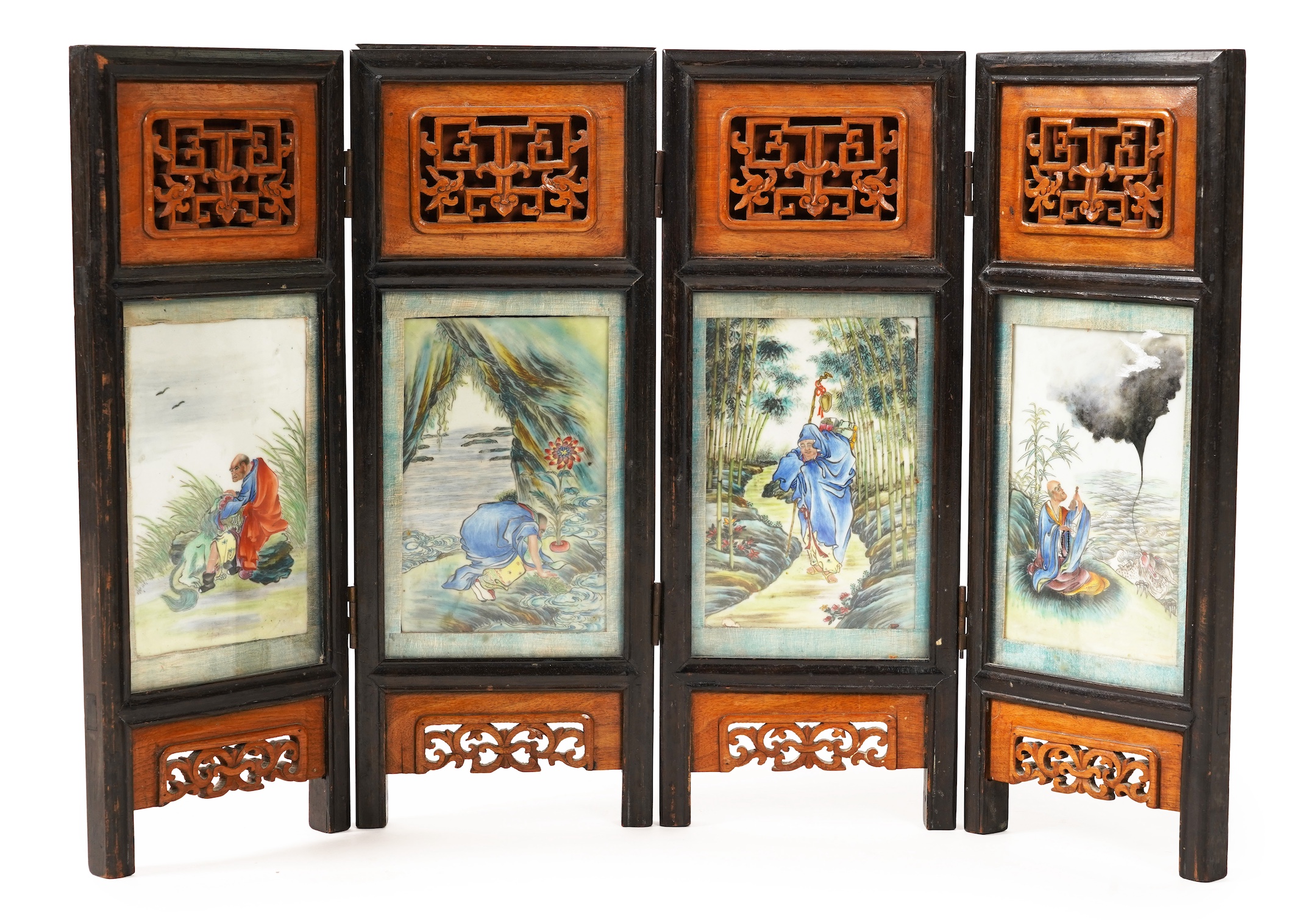 A Chinese porcelain plaque inset four fold table screen, Republic period